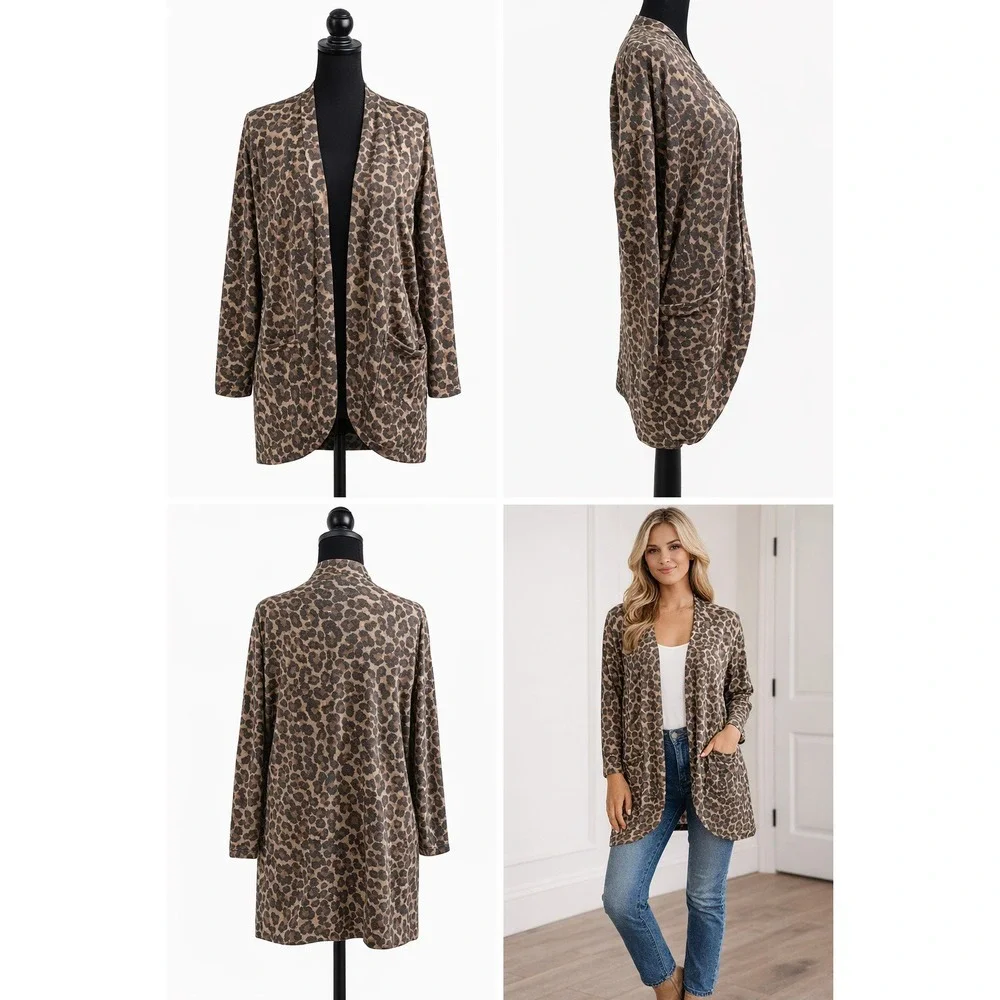 Ivoire Leopard Print Open Front Cardigan Brown Tan Longline Sweater Mens Medium